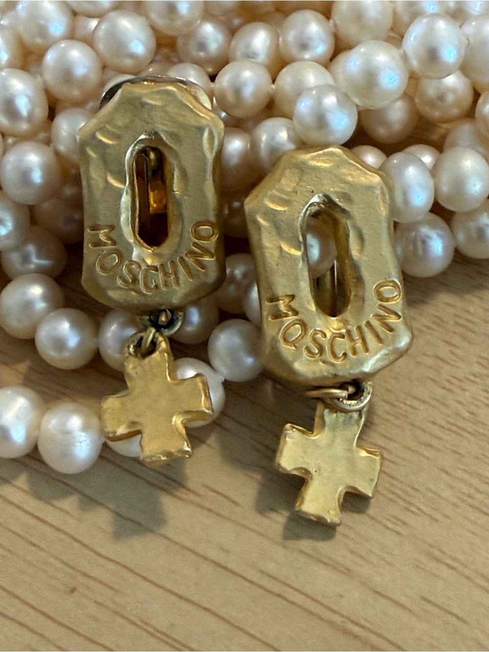 Vintage Moschino Chunky Gold Branded Clip-On Earrings Dangle Cross Circa 90s